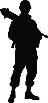 recommend clip art: Black silhouette of american soldier with rocket launcher. USA army. Military man with grenade weapon. Isolated warrior