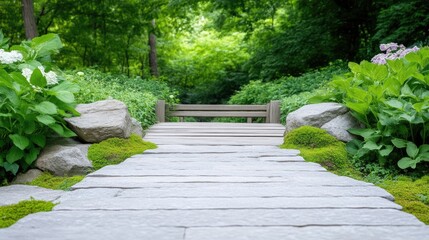 Obraz premium Peaceful garden path with wooden bench. Lush greenery and rocks flank a pathway