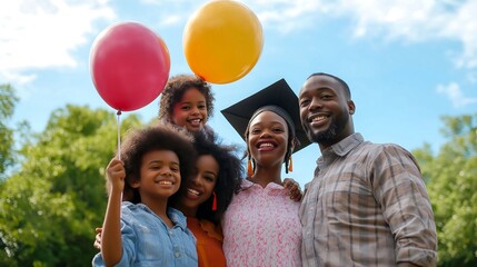 Family celebration with balloons at graduation ceremony outdoors