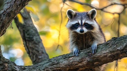 Raccoon on tree branch, autumn sunlight, wildlife, nature