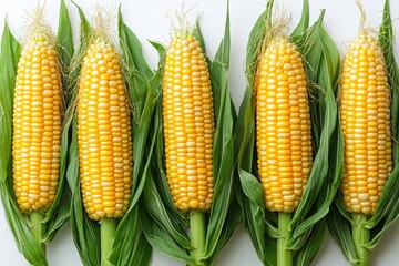 Freshly harvested corn arranged neatly on a white background showcasing vibrant yellow kernels