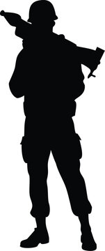 recommend clip art: Black silhouette of soldier with missile weapon. Isolated modern rocket launcher. Warrior practical with anti tank rifle. Camouflage infantryman shape. Vector illustration