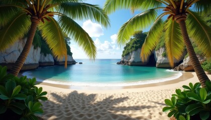 Fototapeta premium A serene tropical beach with golden sand, turquoise water, and lush palm trees swaying under a bright sky. Rocky cliffs frame the tranquil cove, creating an idyllic and inviting escape