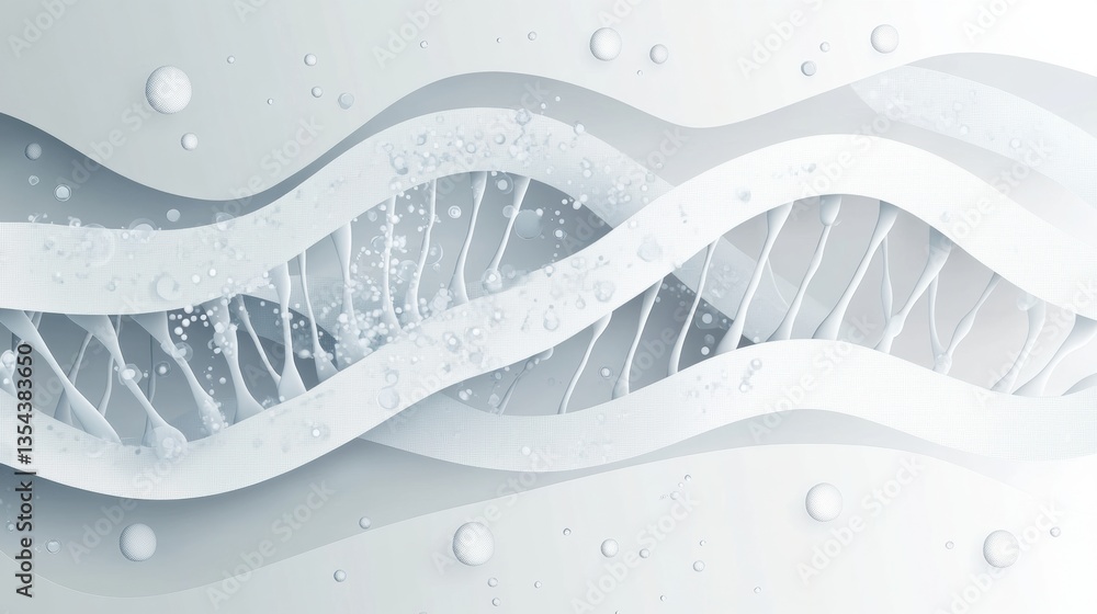 Poster futuristic paper cut background featuring molecular structures and interwoven dna helixes in a clean