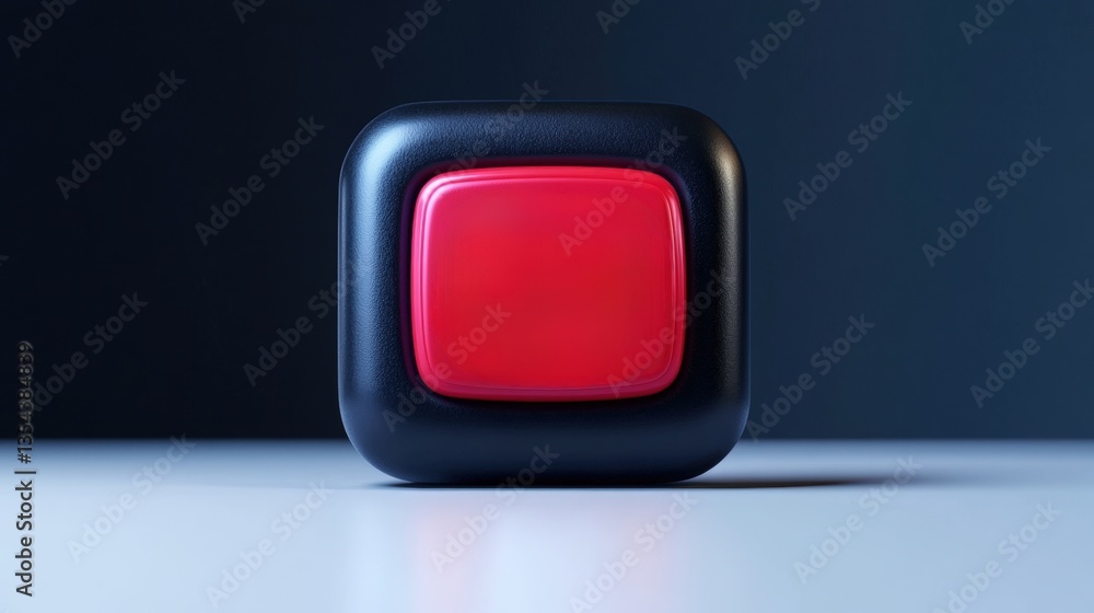 Aufkleber close-up view of a black button featu a recessed bright red square button in the center, set against
