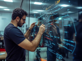 PRogrammer writing some code on glass