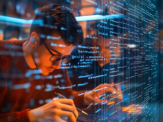 PRogrammer writing some code on glass