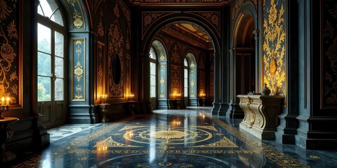 Obraz premium Opulent Hallway with Gilded Accents and Marble Floor, Featuring Ornate Architectural Details and Candlelight