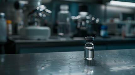 Close-up of a vaccine vial on a sterile table with medical equipment, representing healthcare innovation, medical research, and public health discussions.