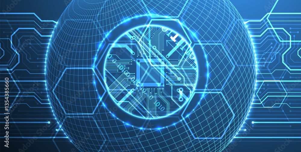Poster Abstract image of a computer chip in the middle of a wireframe sphere on a blue gradient. Vector