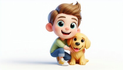 Joyful child embracing playful puppy bright indoor setting 3d animation cheerful vibe