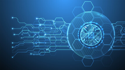 Abstract image of a computer chip in the middle of a wireframe sphere on a blue gradient. Vector