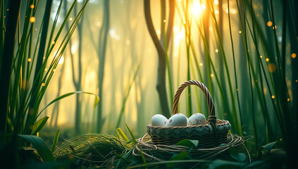 Woven basket filled with white easter eggs rests on a lush forest floor, surrounded by pink flowers and glowing fireflies, bathed in warm golden light