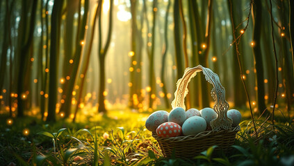 Serene woodland scene featuring a basket of easter eggs among vibrant blossoms, glowing bamboo stalks, and magical fireflies, illuminated by soft, enchanting sunlight