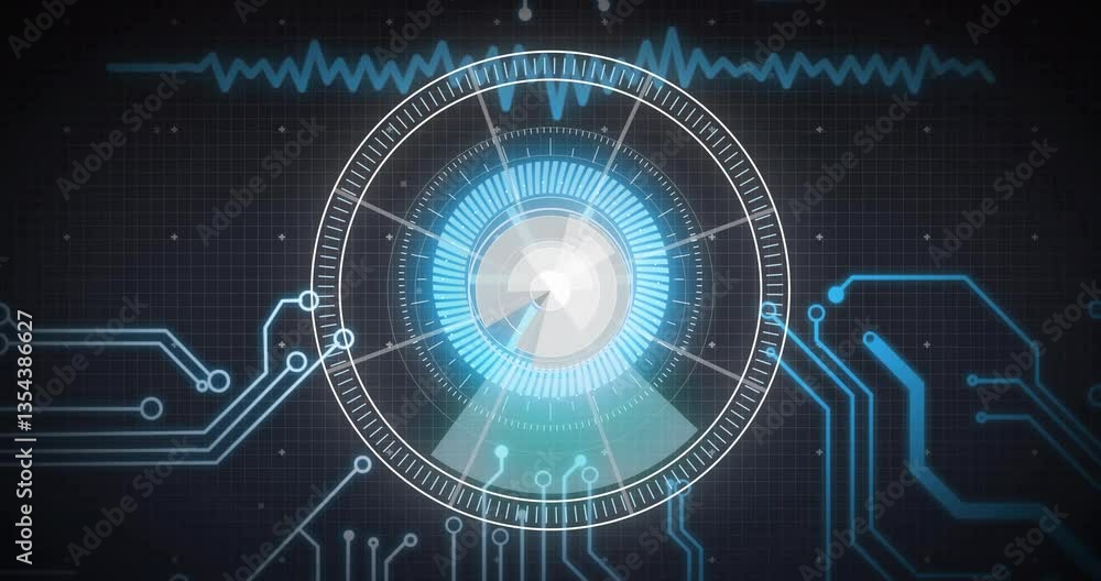 Poster glowing blue circuits and circular patterns creating futuristic digital animation