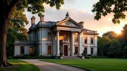Fototapeta premium Grand neoclassical estate at sunset, showcasing elegant architecture and meticulously landscaped grounds