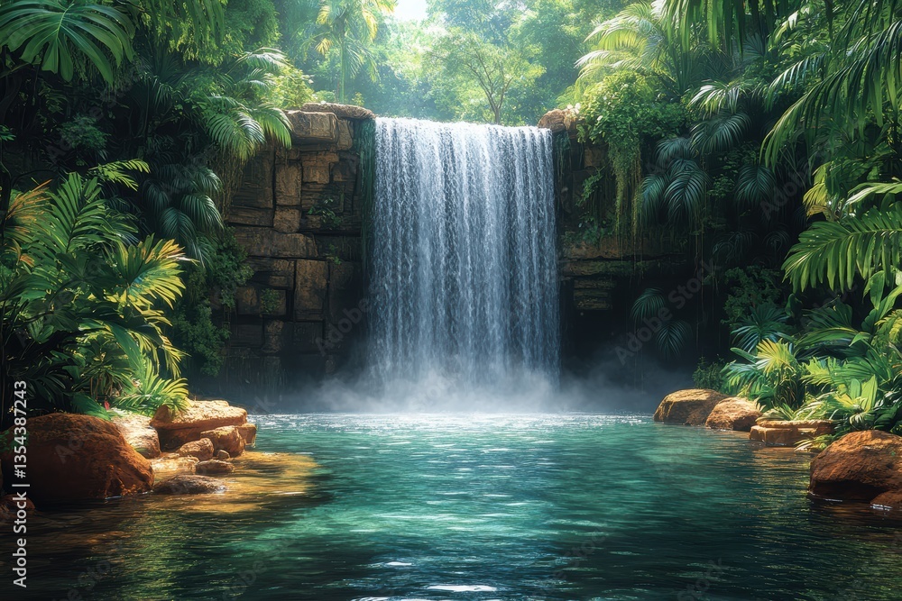 Poster waterfall cascading into a serene pool surrounded by lush greenery in a tranquil setting