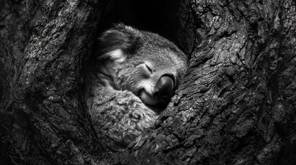 Obraz premium Koala Dreaming in a Tree Hollow: A Monochromatic Masterpiece