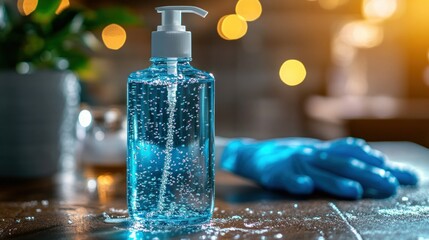 Hand sanitizer bottle on a table