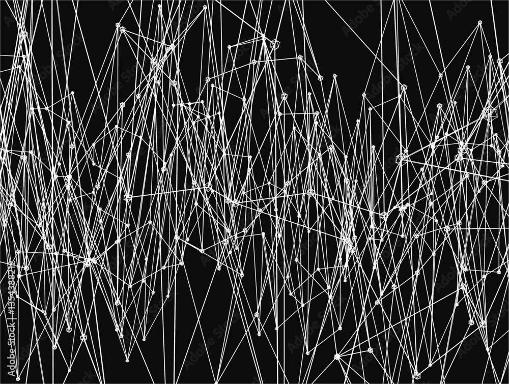 Poster a black and white image of a bunch of lines and dots. the image is abstract and has a sense of chaos