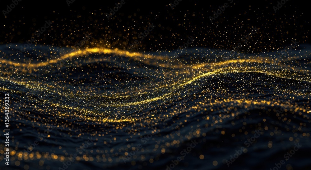 Poster a dynamic scene of shimmering golden particles floating above undulating dark blue waves