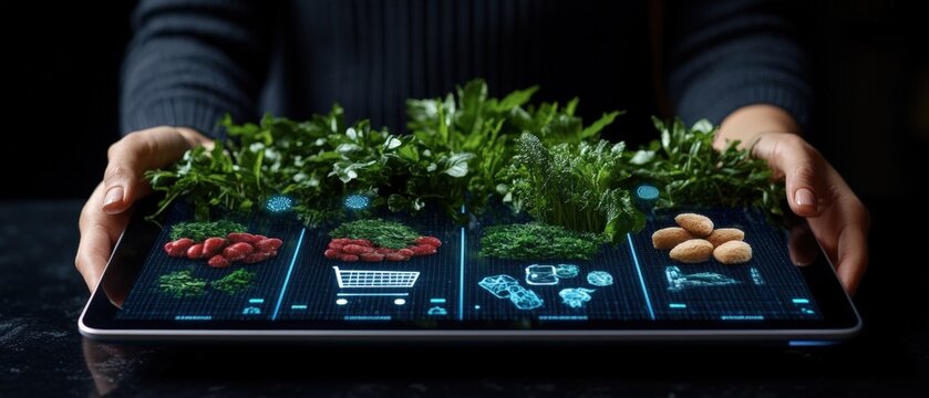 Hands Holding Tablet with Digital Grocery List Overlaid on Fresh Vegetables and Herbs, Shopping Cart Icons for Modern Meal Planning and Shopping Ease