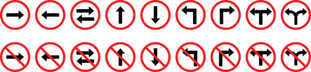 Traffic Signs Pack Set. Road Traffic Prohibition Signs. Set of standard road traffic prohibitions. Road navigation arrows, direction mark, crossroad symbol