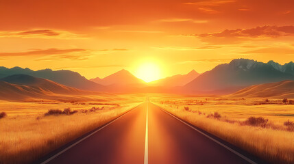 Fototapeta premium Sunset landscape with road, prairie, and mountains