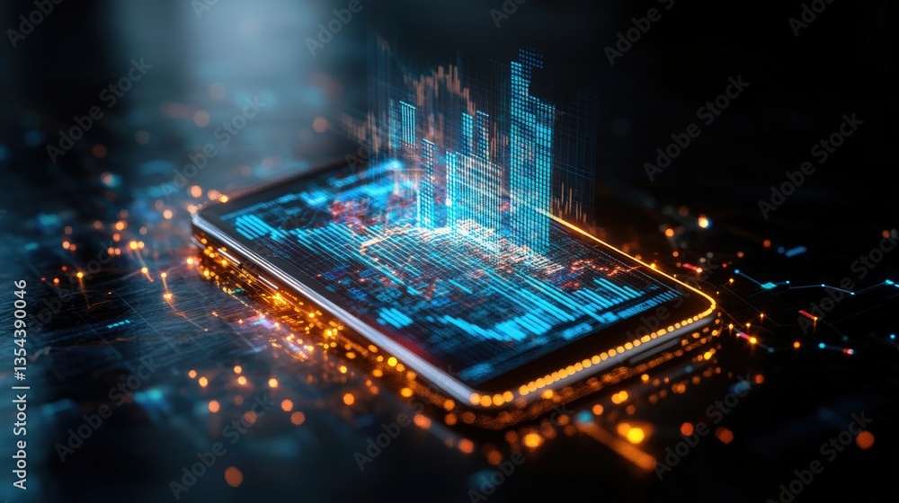 Aufkleber smartphone displaying dynamic holographic global financial data with glowing circuitry, cityscapes, 