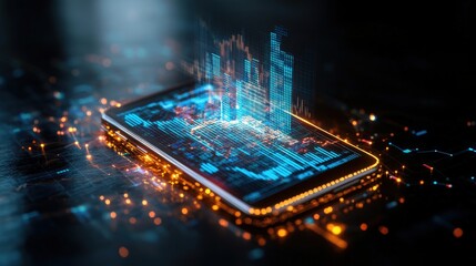 Smartphone displaying dynamic holographic global financial data with glowing circuitry, cityscapes, and interactive charts creating a futuristic vibe