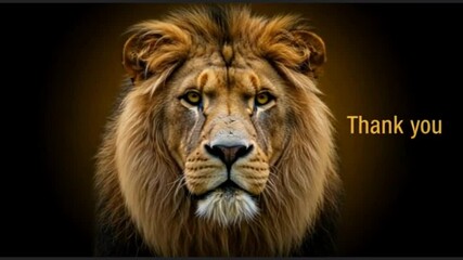 Lion with Grateful Mood Looking at the Camera with "Thank You" Text Against Solid Dark Yellow Background