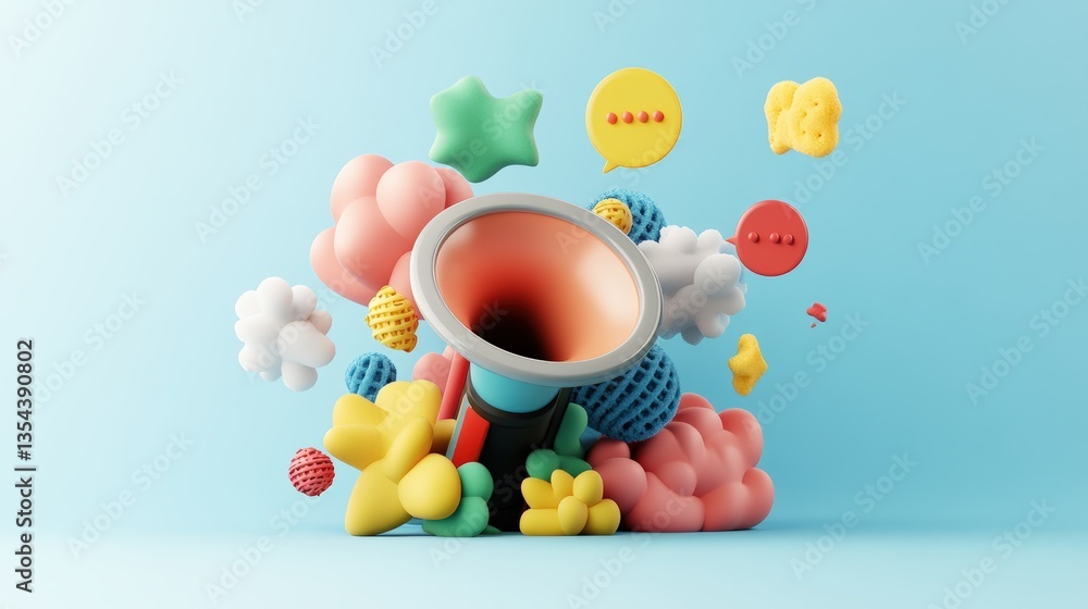 Poster a stunning 3d rende of a vibrant mehone surrounded by colorful abstract shapes and playful speech bu