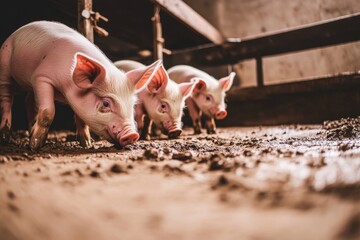 Curious Piglets Exploring Muddy Farm Floor in Rustic Barn Setting.
