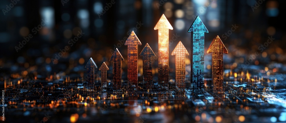 Poster glowing arrows rising from dark cityscape symbolizing growth and progress in a technologically advan