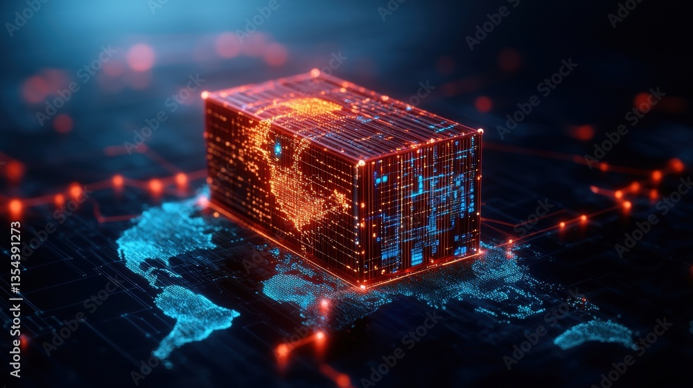 Poster glowing translucent cube with digital world map on circuit board in vibrant orange blue hues illumin