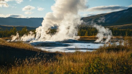 Geothermal Wells Erupting in Natural Landscape