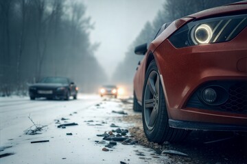 Red Car on Snowy Road in Foggy Winter Landscape