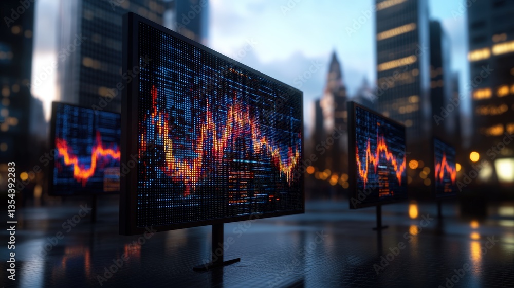 Poster large outdoor digital displays showing dynamic stock market data and computer code at dusk, reflecti