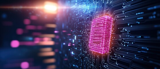 Glowing pink data block integrated into complex circuit board with blurred lights and dynamic data streams in a futuristic digital environment scene