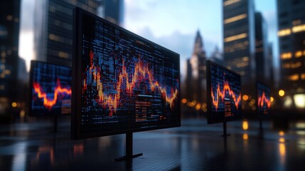 Large outdoor digital displays showing dynamic stock market data and computer code at dusk, reflecting on a wet city surface in an urban environment