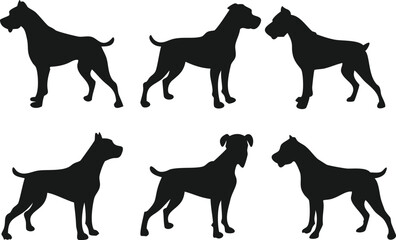 A set of simple black silhouettes of different dog breeds, presented in profile view.