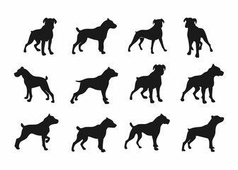 A set of simple black silhouettes of different dog breeds, presented in profile view.