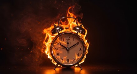 A vintage alarm clock on fire with vivid orange flames and smoke swirling around it