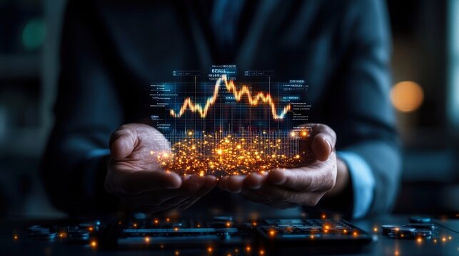 A professional individual in formal attire holds a glowing holographic stock market graph surrounded by luminous particles symbolizing financial analysis