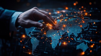 A hand hovers over a glowing interactive world map illustrating complex interconnected nodes symbolizing global connectivity and data flow visualization