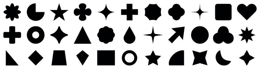 Abstract and basic shapes elements with sharp and rounded edges Vector collection. geometric shapes kids, black cute flat icons set. Geometric primitives vector collection.