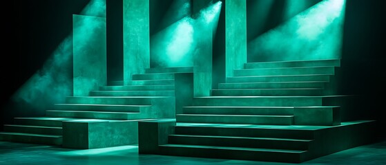 Illuminated green staircase formations under bright spotlight beams and smoke