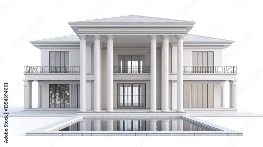 Poster luxurious two story mansion with a pristine pool in front
