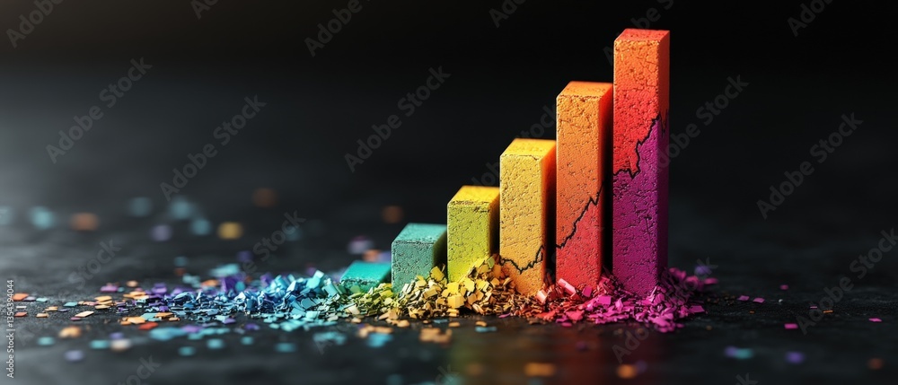 Poster vibrant upward-trending bar graph made from colorful textured blocks with a crumbling effect releasi