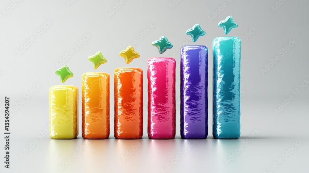 Poster colorful ascending bar graph with glossy rainbow columns topped with light-teal stars symbolizing gr